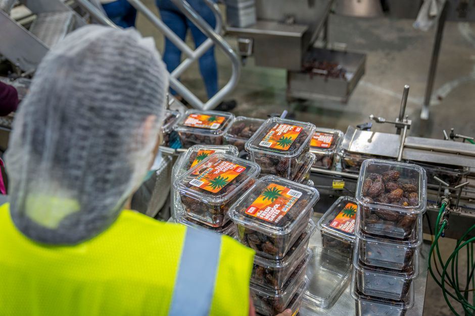 A worker in a hairnet checking packaged food on a line